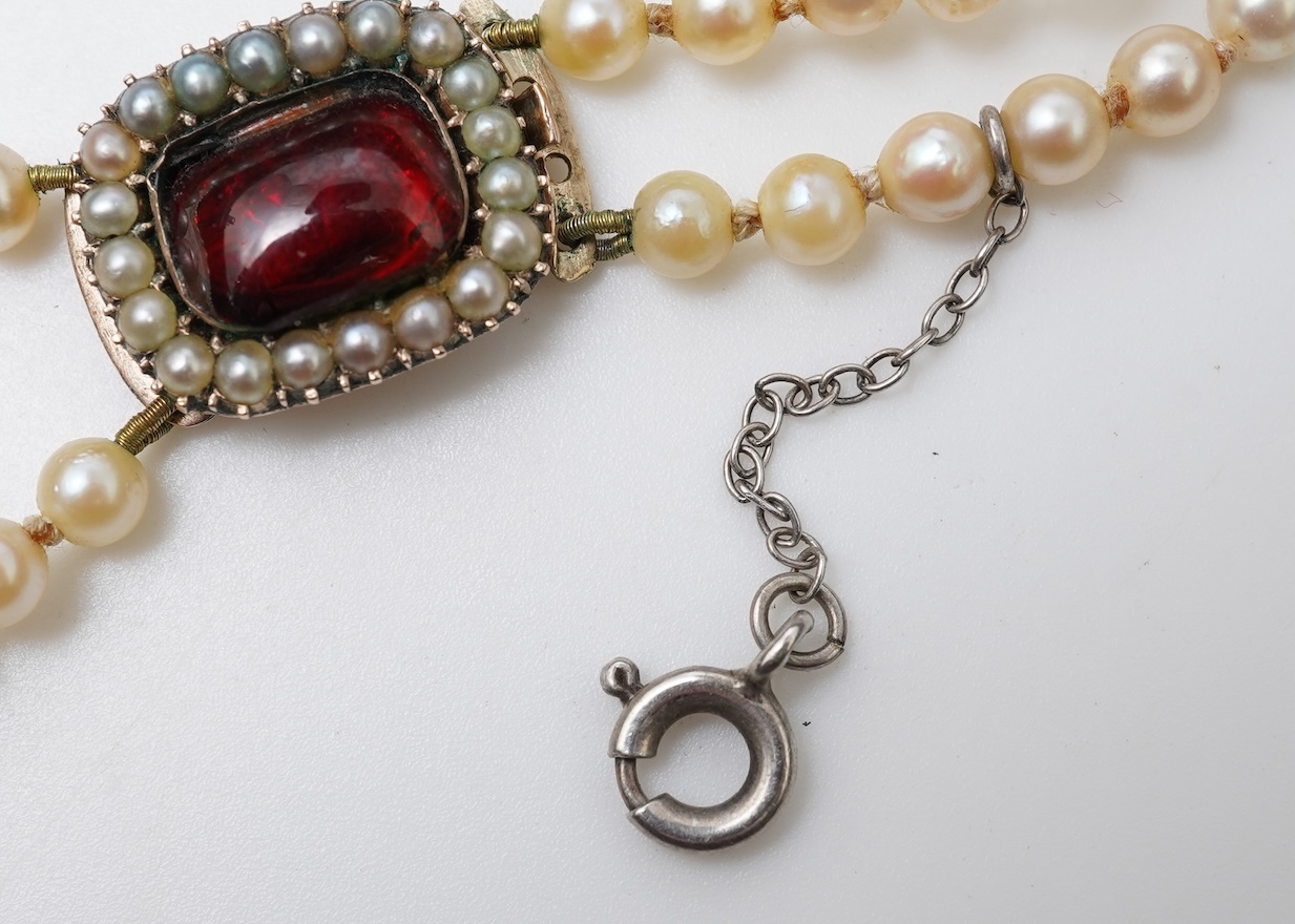 A cultured pearl and garnet necklace, 19th century and later